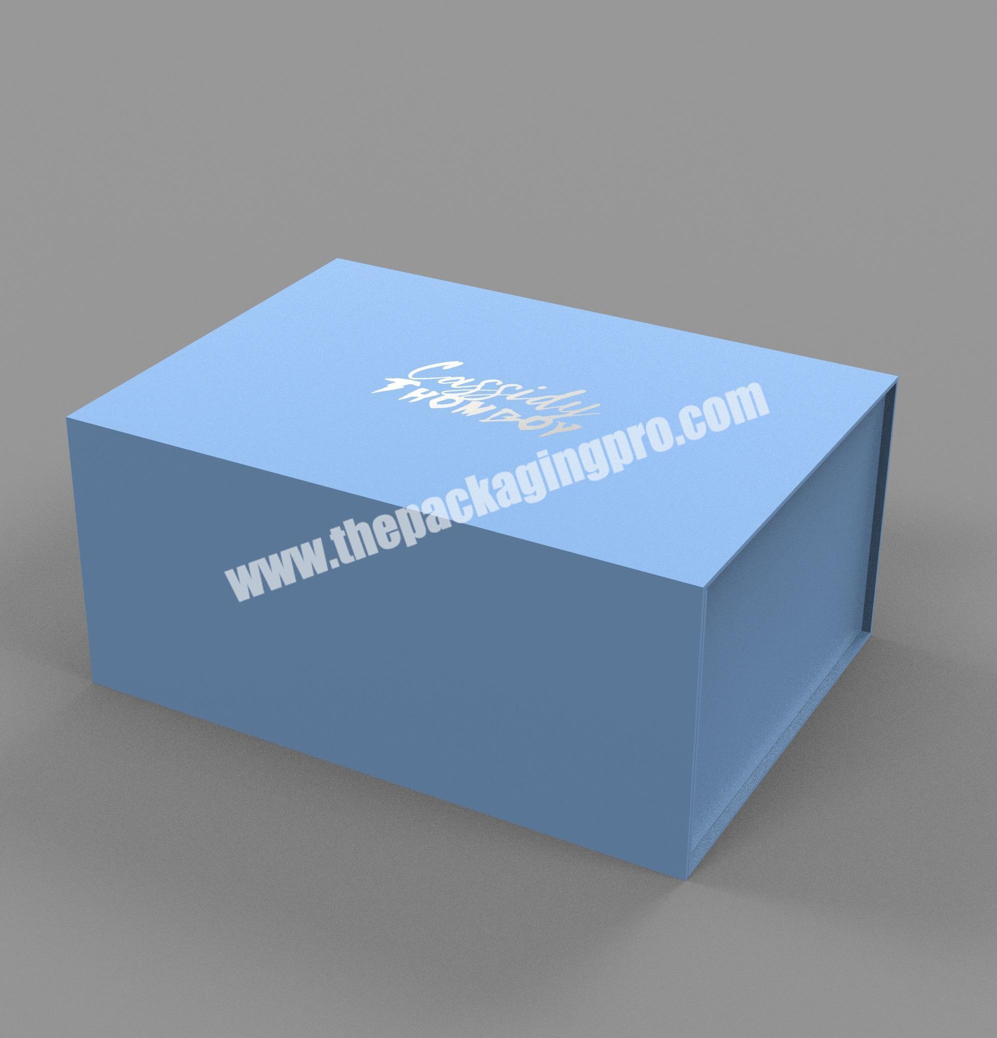 Flap Lid Paper Packaging Cardboard Folder Navy Blue Box For Clothing Custom Magnetic Closure Gift Box With Ribbon EVA Foam