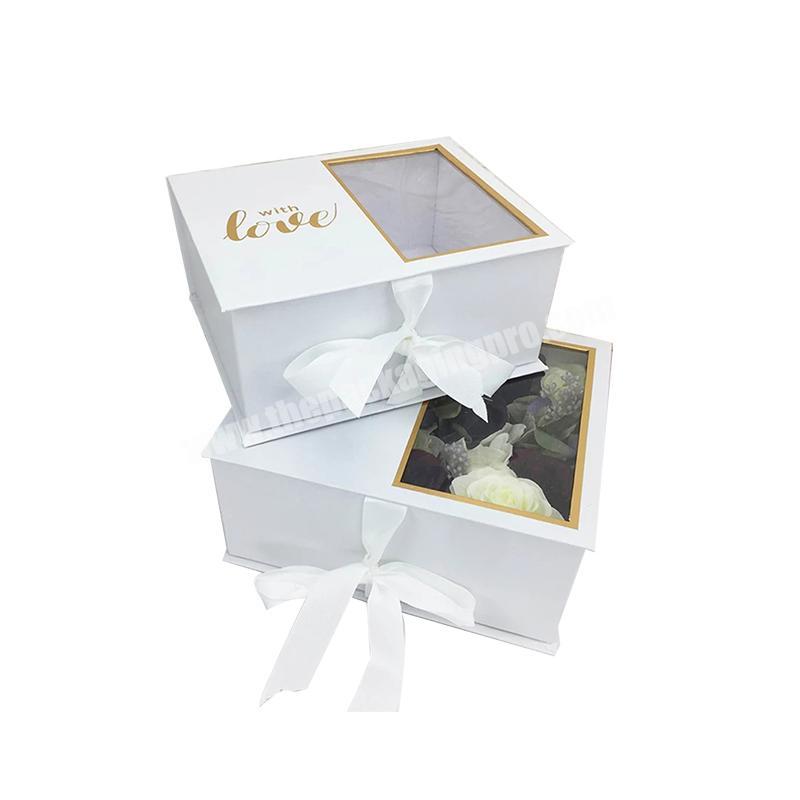 Flower Valentine Mother's  Day  Standing Gift Boxes Window Faced Gift Box Medium White Magnetic Gift Box With Ribbon Tramsperent