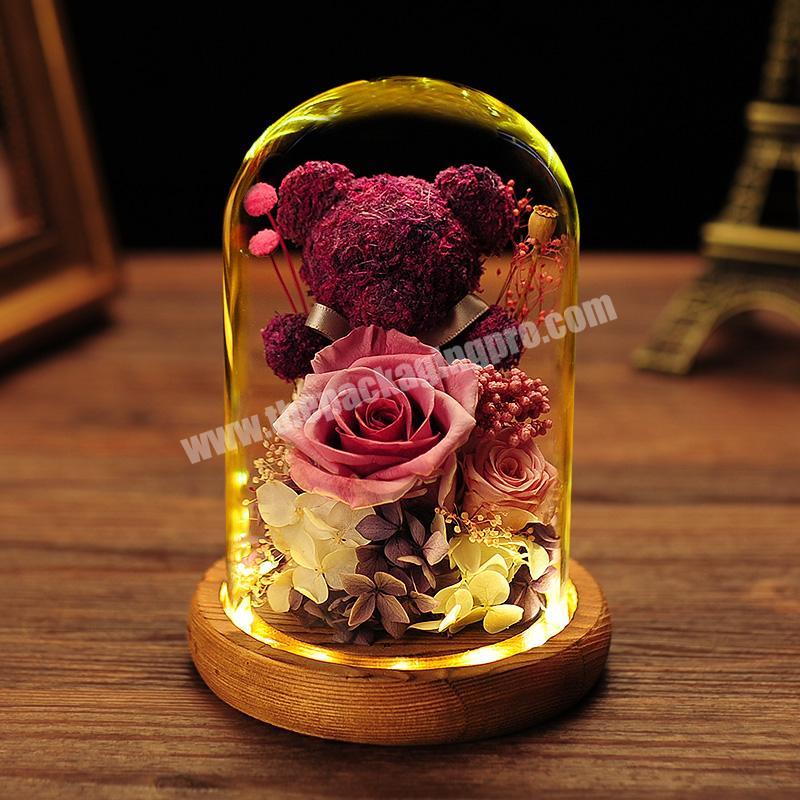 Glass rose flower domes with wooden base transparent glass dome for teddy bear preserved flower Valentine's Day gift packaging