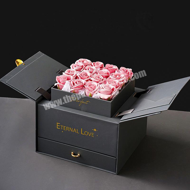 High-End Paper Black Pink Flower Jewelry Double Door Gift Packaging Box With Drawer Packing Mirror Flower Chocolate Gifts Box