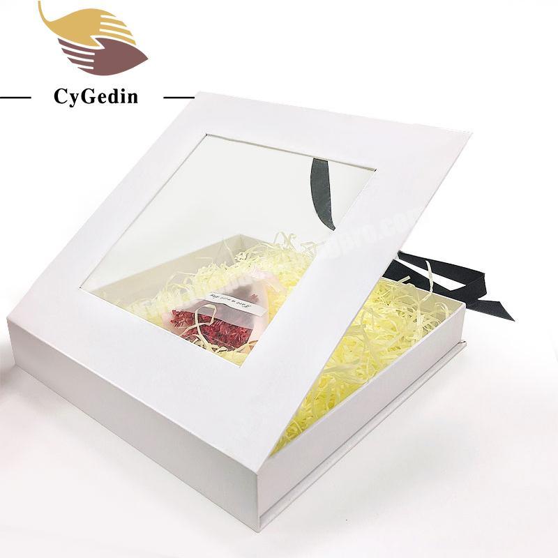High Quality Rigid Gift Boxes With Ribbon Clear Window Gift Box Packaging With Shredded Paper Insert