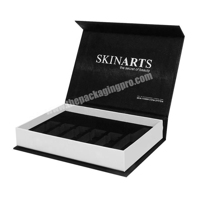 High quality black makeup paper box Magnetic Gift Sets Cosmetic Box silver foil logo Skin care gift packaging box