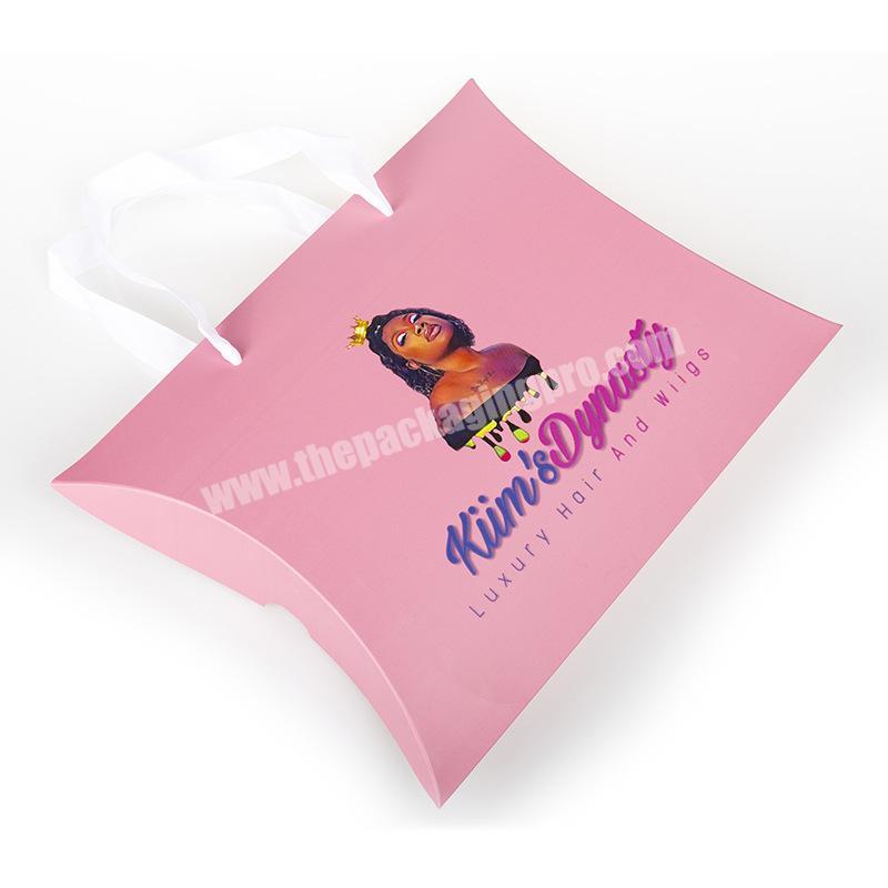 Fashion Custom Logo Pillow Shape Hair Extension Packaging Paper Box With Rope Handle