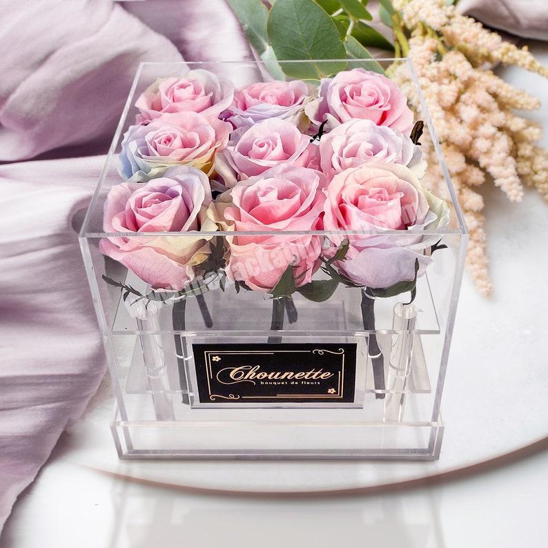 Hot Sale Square Acrylic flower packaging box wedding rose preserved flower box transparent paper box for flower packaging