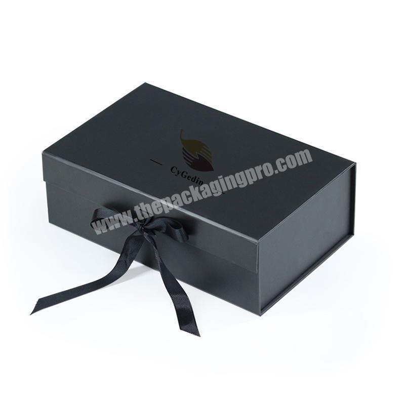 Hot Sell Folding Apparel Gift Box with Ribbon Custom Printing Logo Black Box For Wedding Dress Shirts Shoes Magnetic
