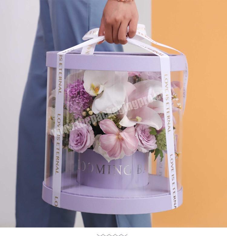 Hot sale clear plastic valentine's day flowers gift box custom logo round transparent preserved rose flower packaging box ribbon