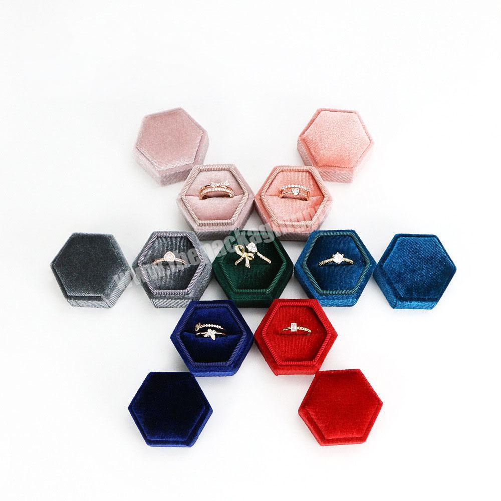 Hot sale popular colourful velvet hexagon shape ring gift packaging box custom logo earring necklace jewelry box for wedding