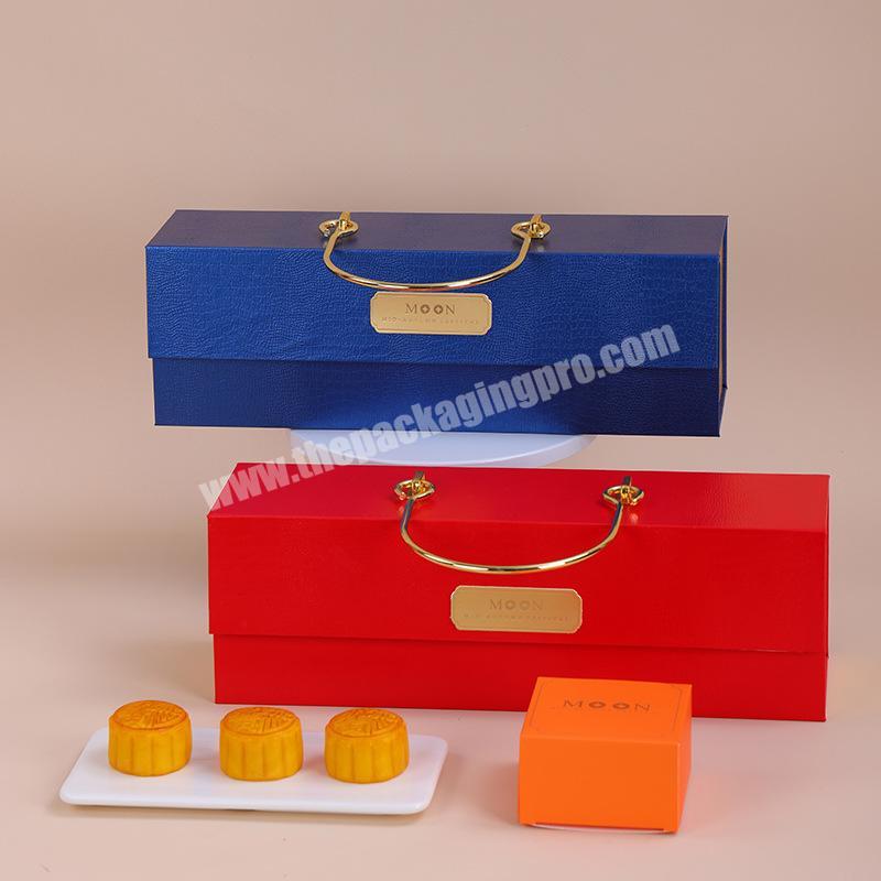 Ins popular premium paper mooncake gift storage box Luxury magnetic closure Mid-Autumn mooncake box custom Logo metal handle