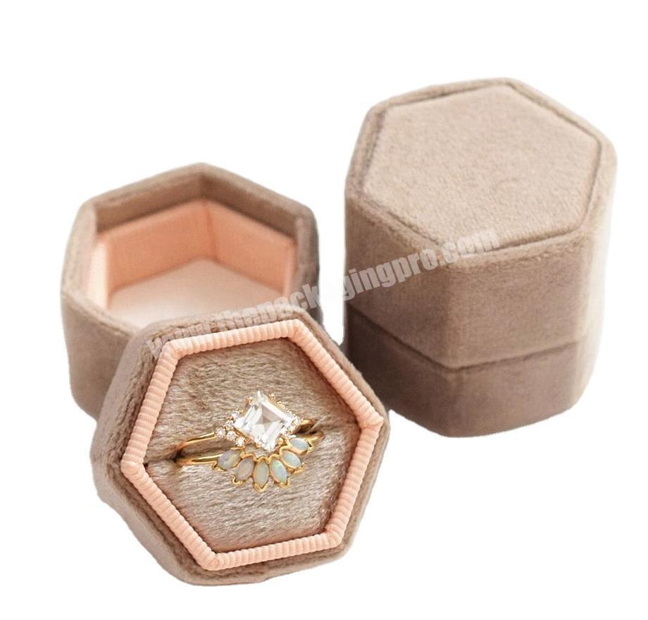 Luxury Hexagon shape velvet double slots wedding  ring display packaging box
