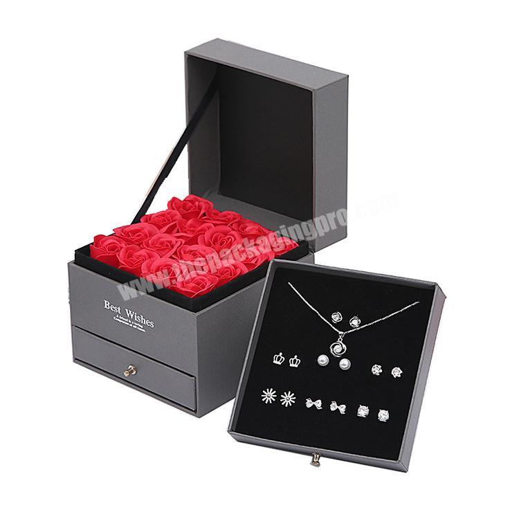 Luxury large double layer gift box custom valentine's day packing jewelry packaging box with Rose flower packaging