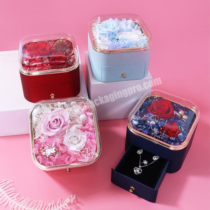 Luxury plastic packaging preserved rose flower jewelry gift boxes clear cover square acrylic Valentine's Day flower necklace box
