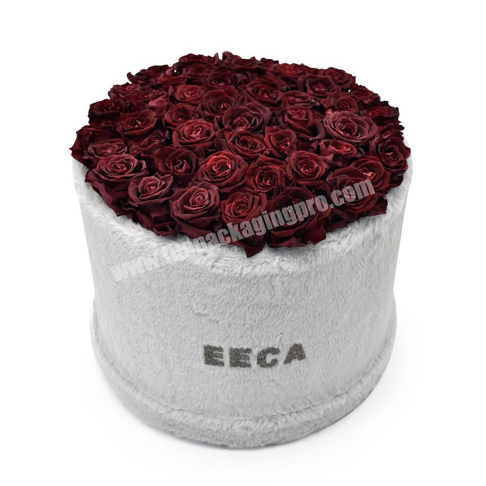 Luxury soft velvet round flower floral packaging boxes beige gray suede hat paper cardboard rose cylinder box with custom logo