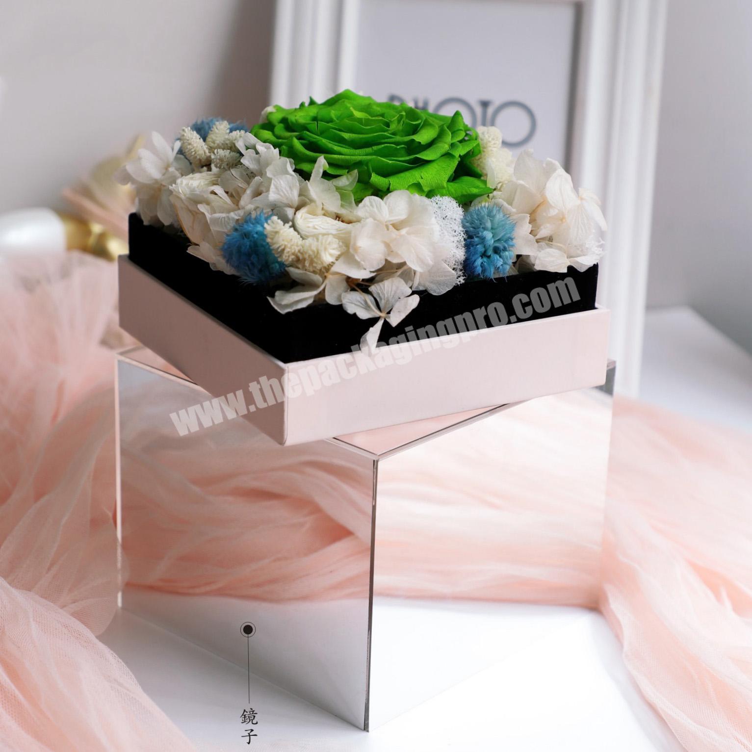 Luxury square acrylic rose flower gift packing boxes Custom Logo Mirror valentine's Day flower box with transparent lid
