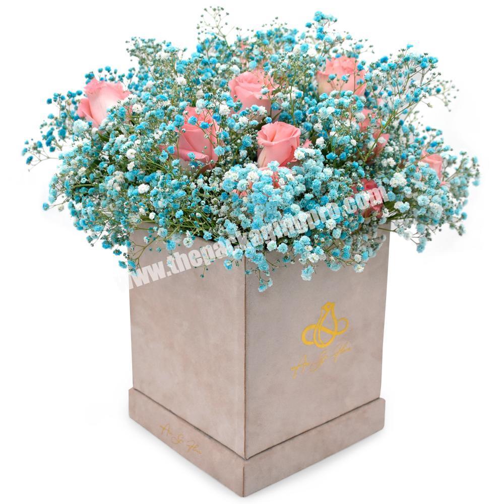 Luxury square grey velvet paper flesh rose bouquet packaging preserved flower valentine gift display box caja de flore para rosa