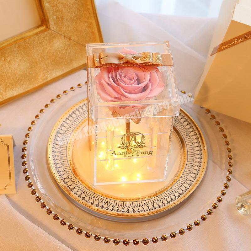 Luxury transparent single flower acrylic packaging box clear acrylic flower shipping box with customized logo and ribbon