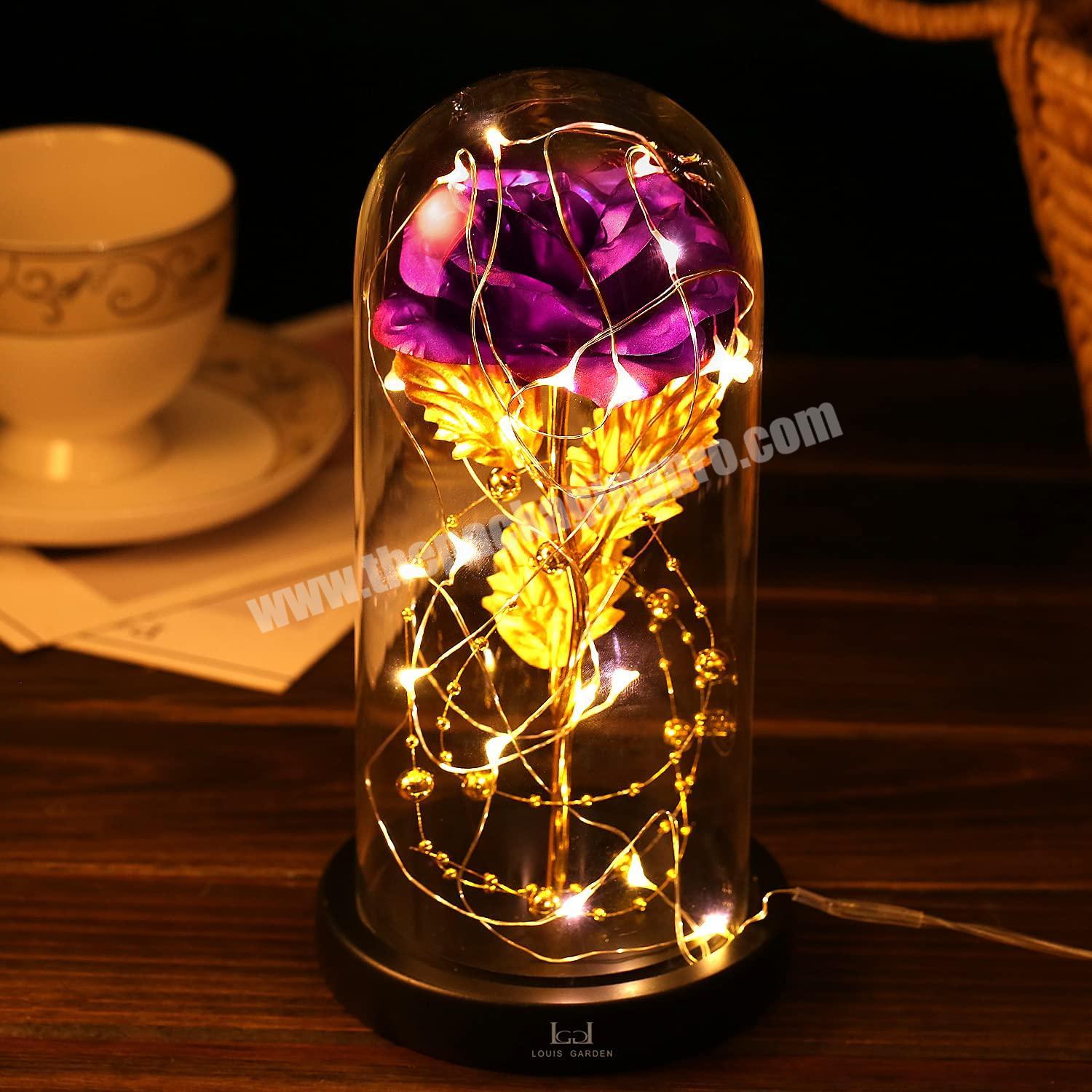 Luxury valentine's day preserved enchanted rose gold rose flower in glass dome cover with led light customized logo gift box