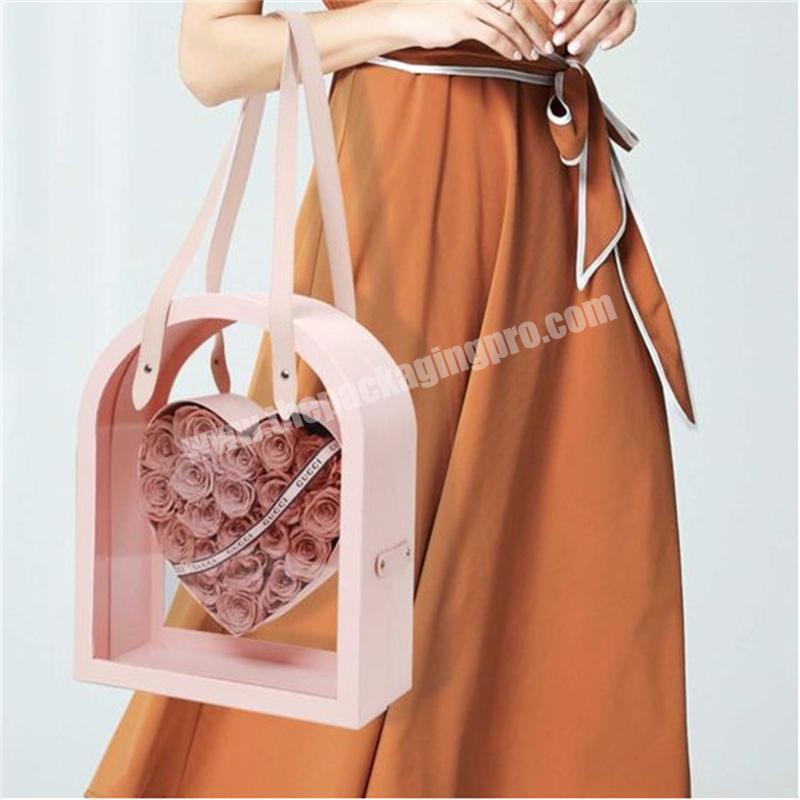 New arrival custom portable pu leather handbag flower gift packaging box heart shape flower carrier bag with clear window