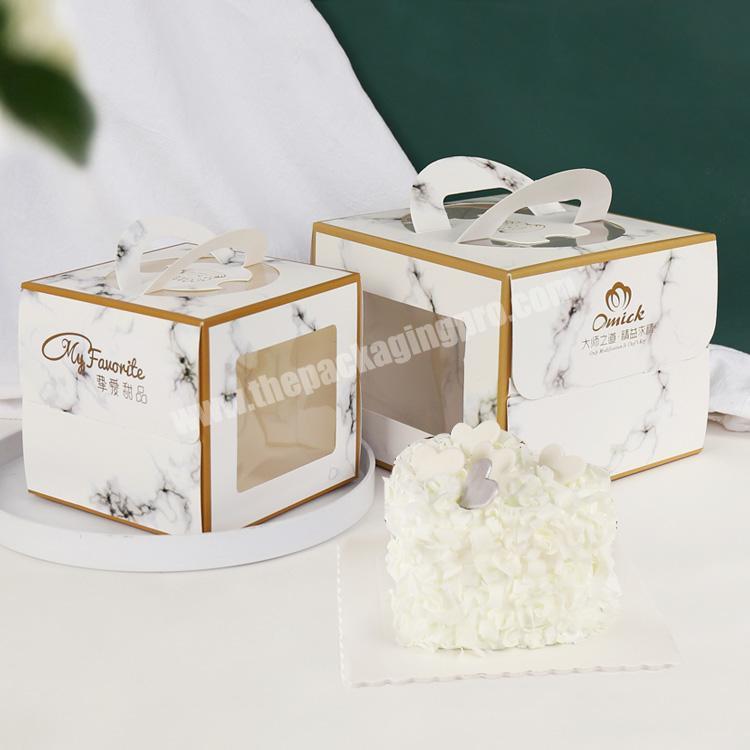 New arrival marble printing paper Valentine's Day wedding cake gift packaging box with window and handle for guest wholesale