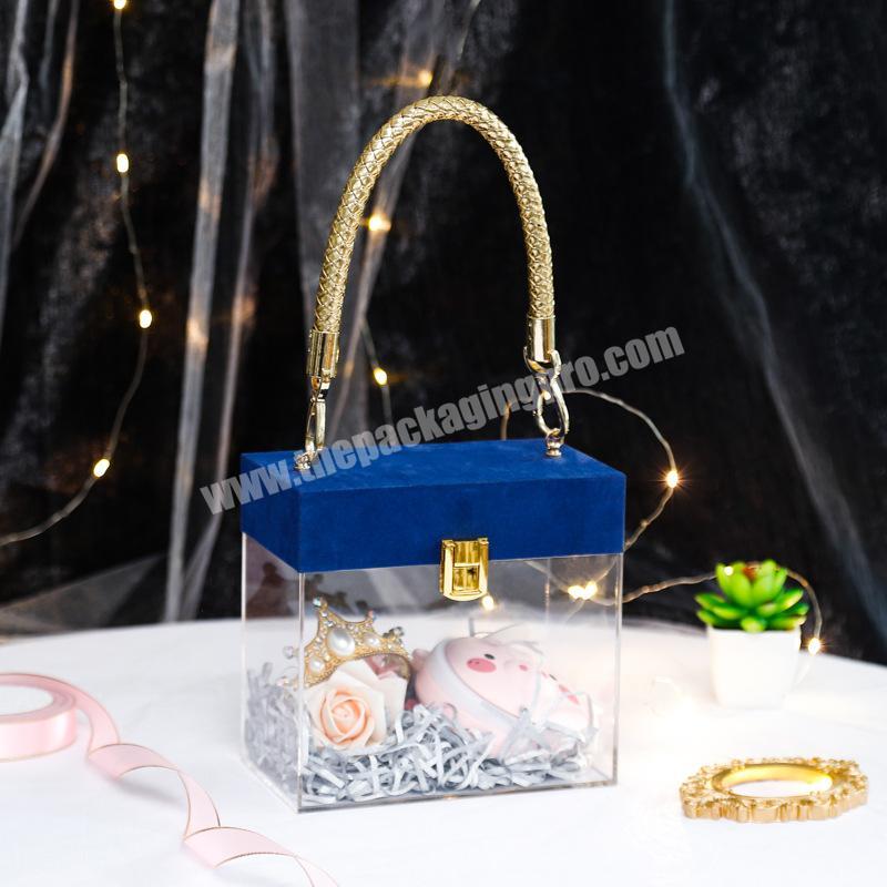 New arrival portable transparent acrylic wedding invitation gift set packaging box with metal handle for flowers bouquet