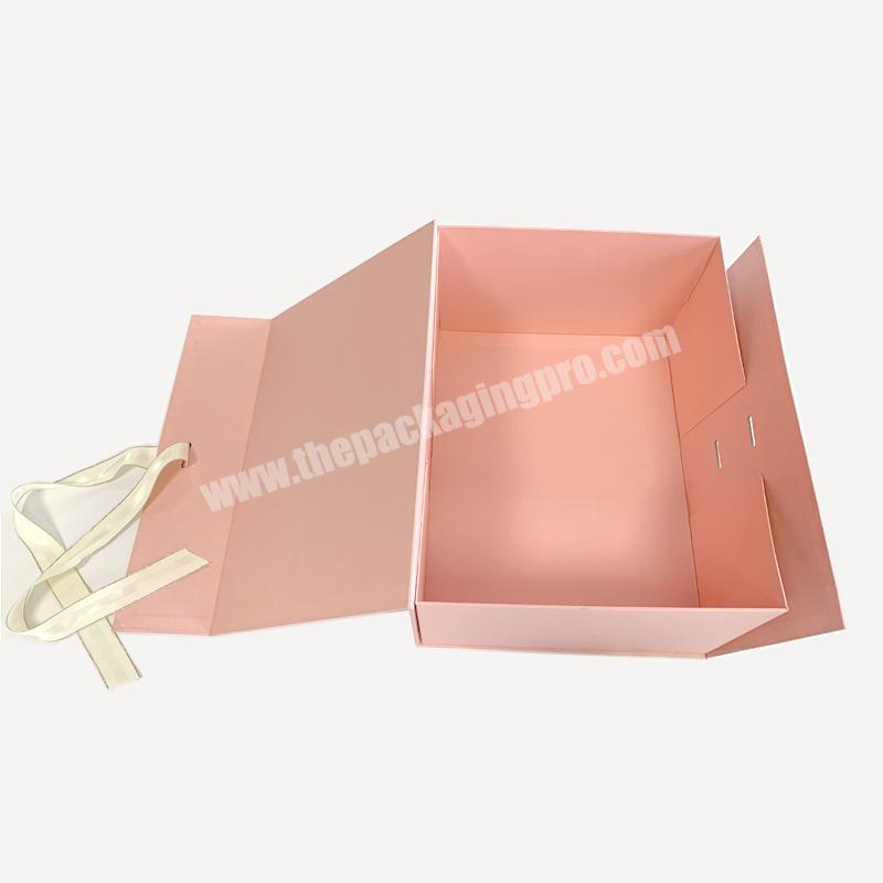 New products Customized Gold LOGO Pink color ribbon gift paper cardboard Folding boxes with magnetic lids
