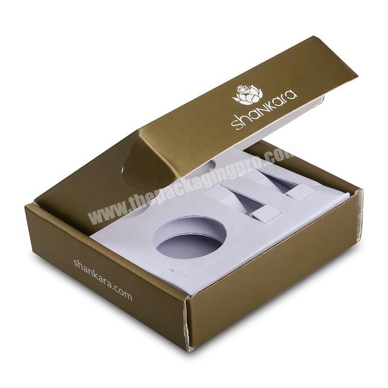 Pantone gold printing corrugated cardboard cosmetic packaging box with inner tray for shipping