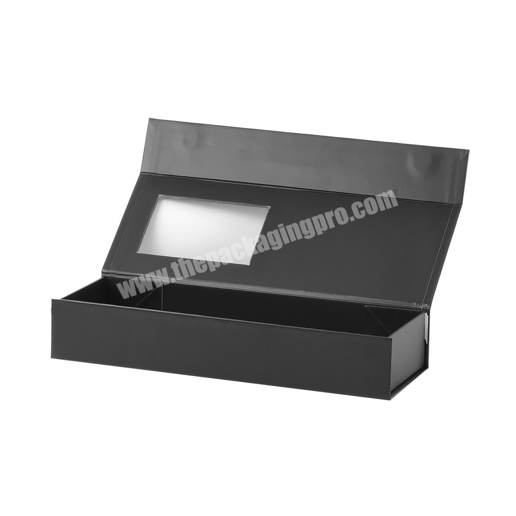 Paper card box with PVC window on top matte black packaging box for hairpiece magnetic closure flip box for wig packing