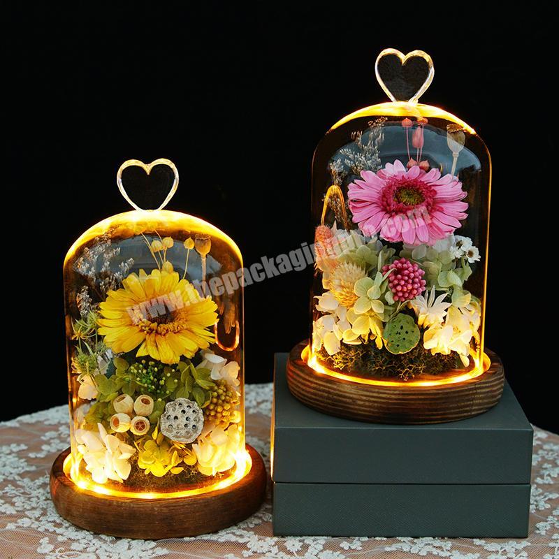 Popular artificial preserved sunflower rose crafted in dome glass cover with real flower and light for Valentine's Day gift