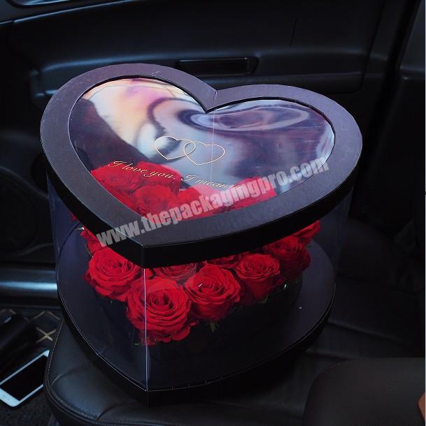 Popular high quality transparent pvc heart shape flower gift packaging box clear plastic heart flower delivery box with handle