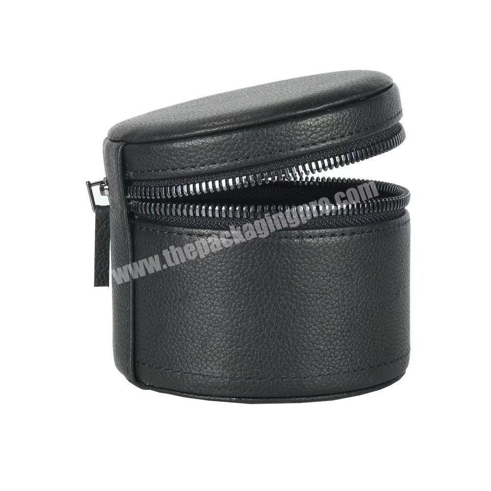 Portable small black cylinder pu watch box custom travel single watch boxes with zipper and sewing