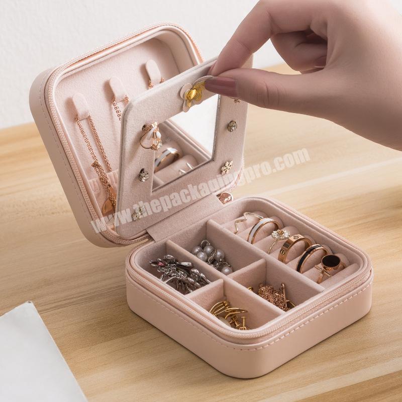 Portable zipper Jewelry Box Travel pu leather Ring Earrings Jewelry Box Jewelry Storage Box Cute Small Bag With mirror