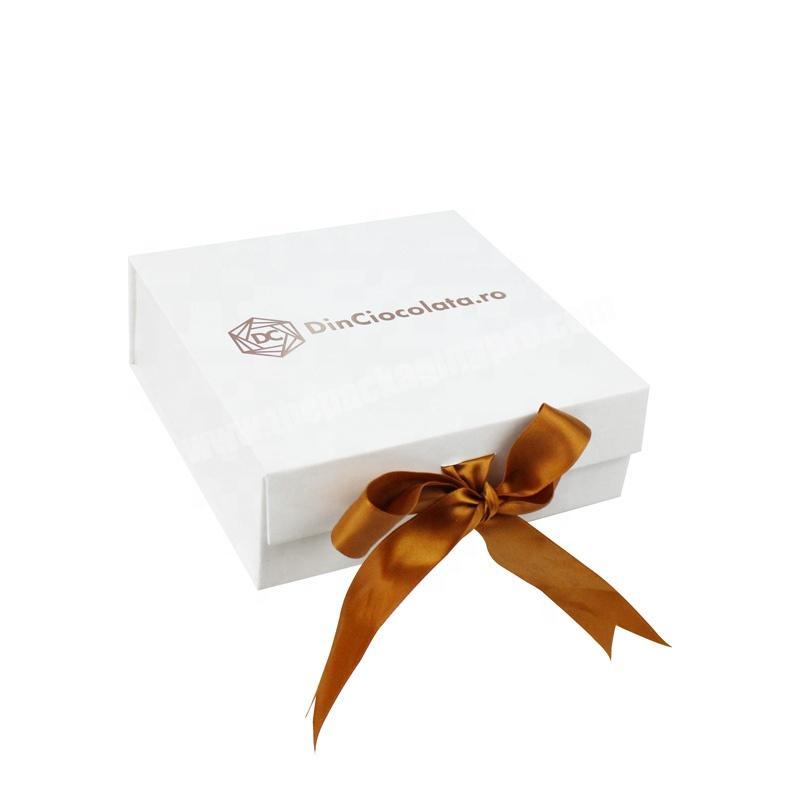 Custom Logo Foil Rose Gold Collapsible Folding Gift Box With Ribbon Bow White Paper Packaging