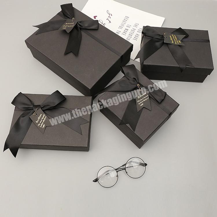 Rigid Glossy Cardboard Gift Boxes Customized High Quality Black Gift Boxes with Ribbon Tie Paperboard GHH0410N Gift & Craft