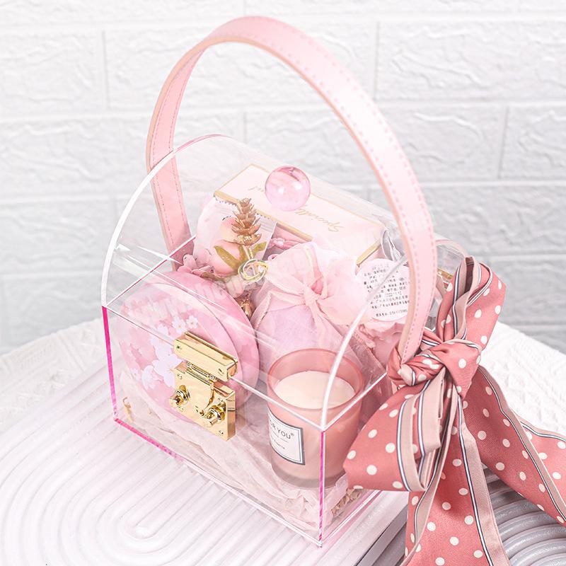 Transparent acrylic wedding candy baking gift packaging box Christmas New Year creative gift box with metal lock leather handle