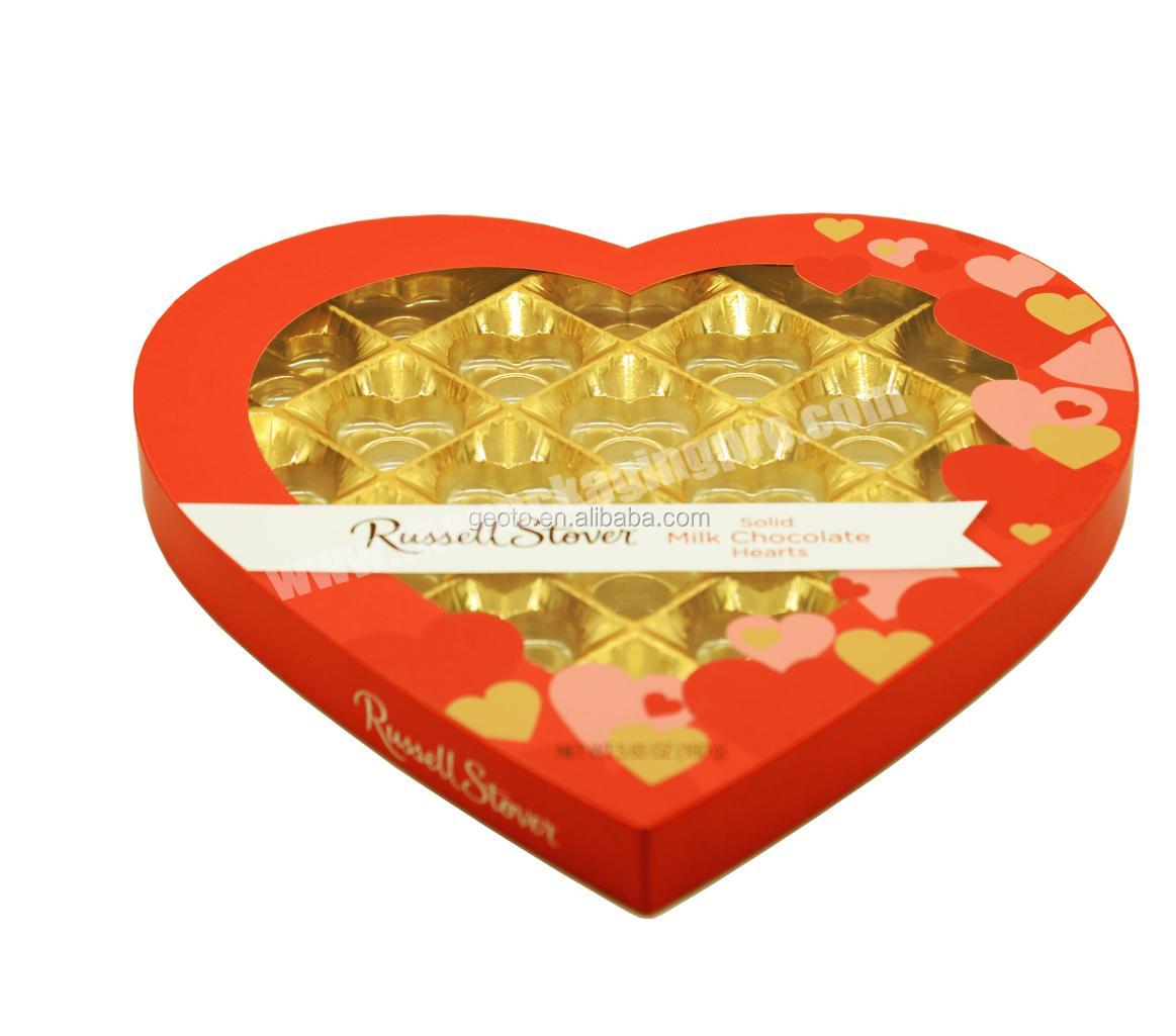 Valentine heart shaped clear window chocolate candy packaging box with gold PET tray