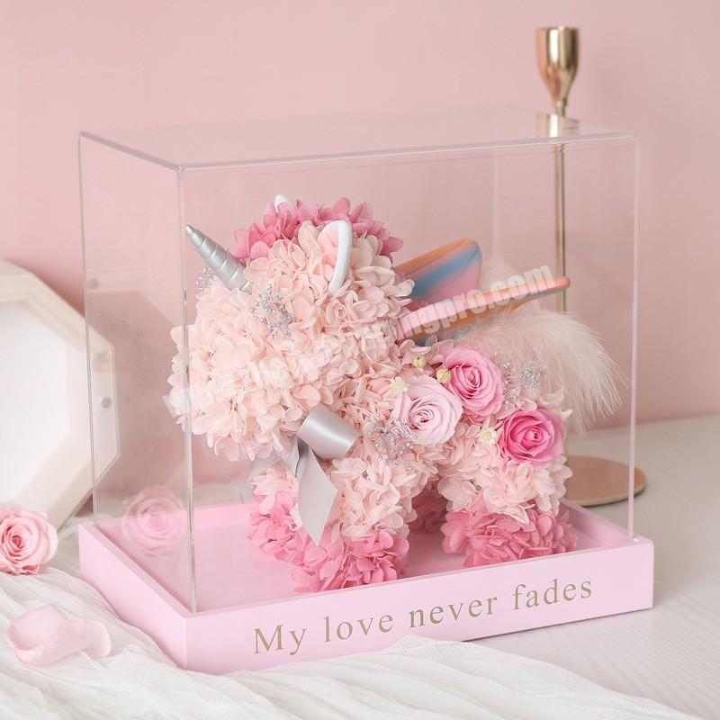 Valentine's Day Clear Glass Cover Decoration Rose Hydrangea Immortal Flower Unicorn Gift Box Birthday Gift Packaging Box