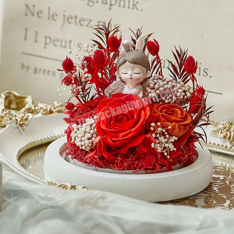 Valentine's Day wholesale preserved rose flowers and princess doll in glass dome with led light and paper gift packaging box