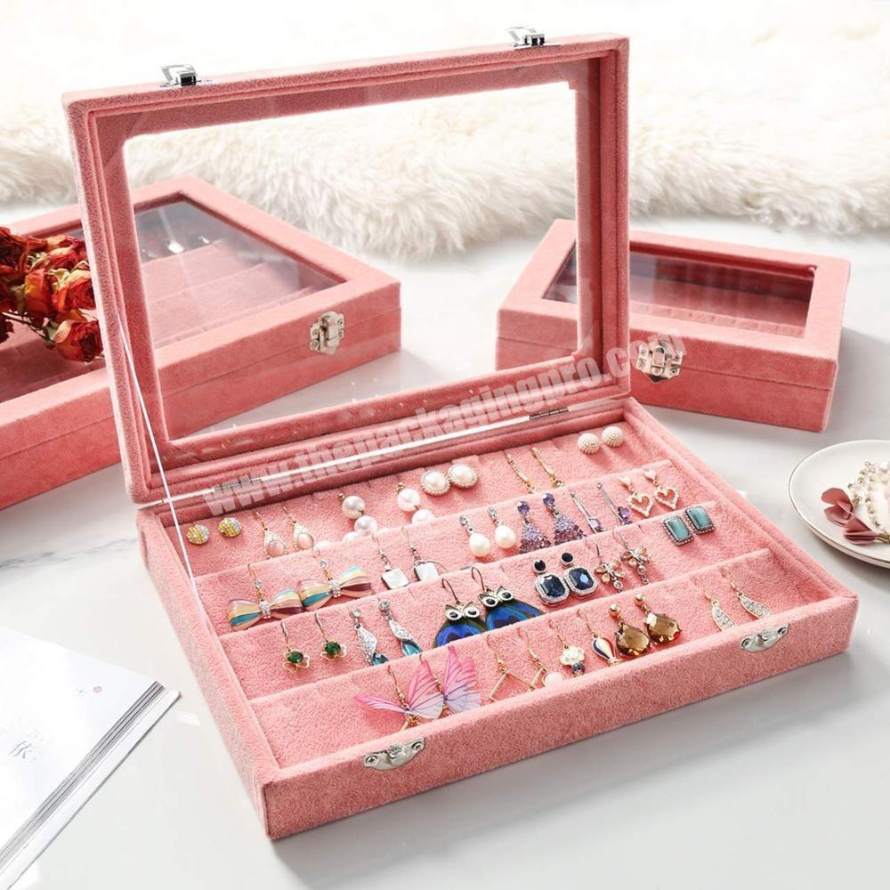 Velvet Clear Lid Earring Organizer Storage Earrings Box Holder Case for Jewelry Display Showcase Stackable Lockable