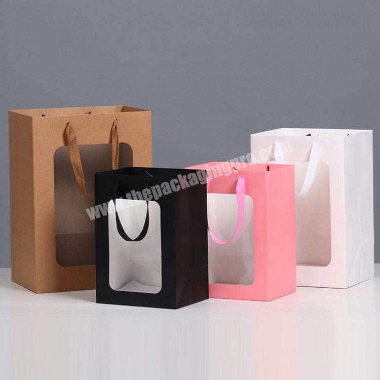 Wholesale Custom Brand Logo Printing Kraft Recyclable Flower Shopping Gift Handles Paper Bags With Clear Window