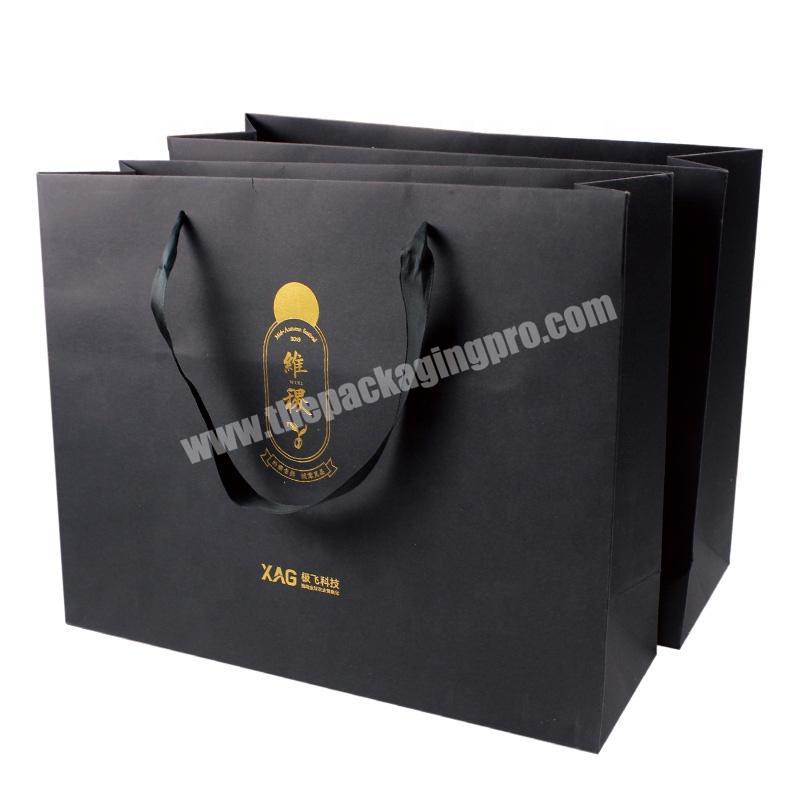 Wholesale Customized Printed Black Kraft Shopping Paper Gift Bag With Gold Logo