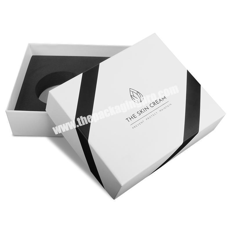 White custom printed rigid skin care cream jar bottle packaging lid and base black EVA insert paper gift boxes with logo