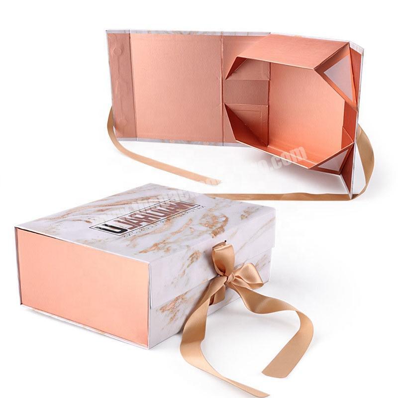 Wholesale Rose Gold Printing Rigid Cardboard Foldable Gift Box With Ribbon