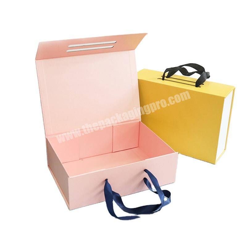 Wholesale custom logo  printed quality cardboard paper magnetic flat box packaging gift foldable paper box with handle ribbon