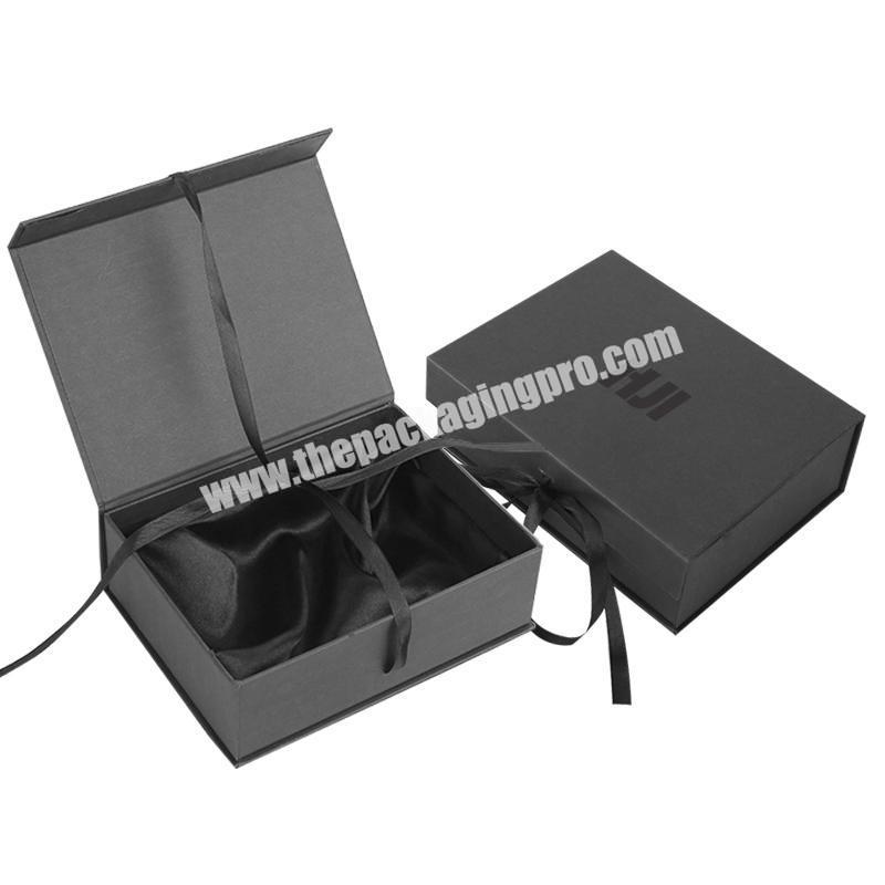 Wholesale ribbon luxury black folding magnetic cardboard gift packaging paper rigid box custom logo printed