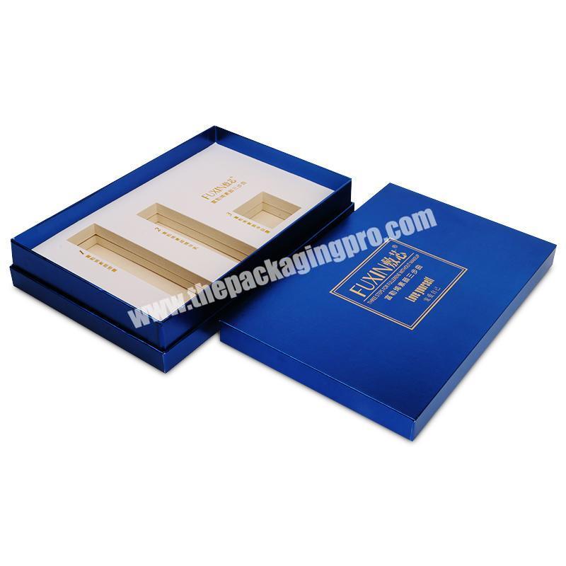 Wholesale luxury blue color custom logo design print lid and base gift box top bottom with EVA foam insert