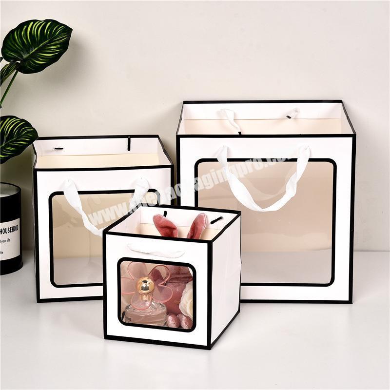 Wholesale Custom Printed Flower Bouquet Gift Paper Bags Birthday Gift Bag PVC Transparent Window Tote Paper Bag