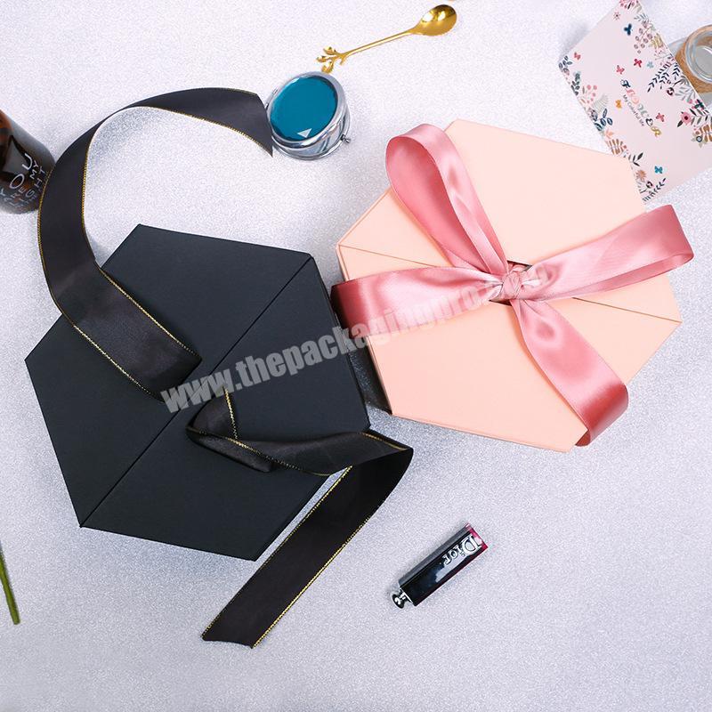 ZL Black Decorative Luxury Hexagon Packaging Box Rigid Cardboard Paper Pink Sweet Candy Wedding Gift Box With Ribbon