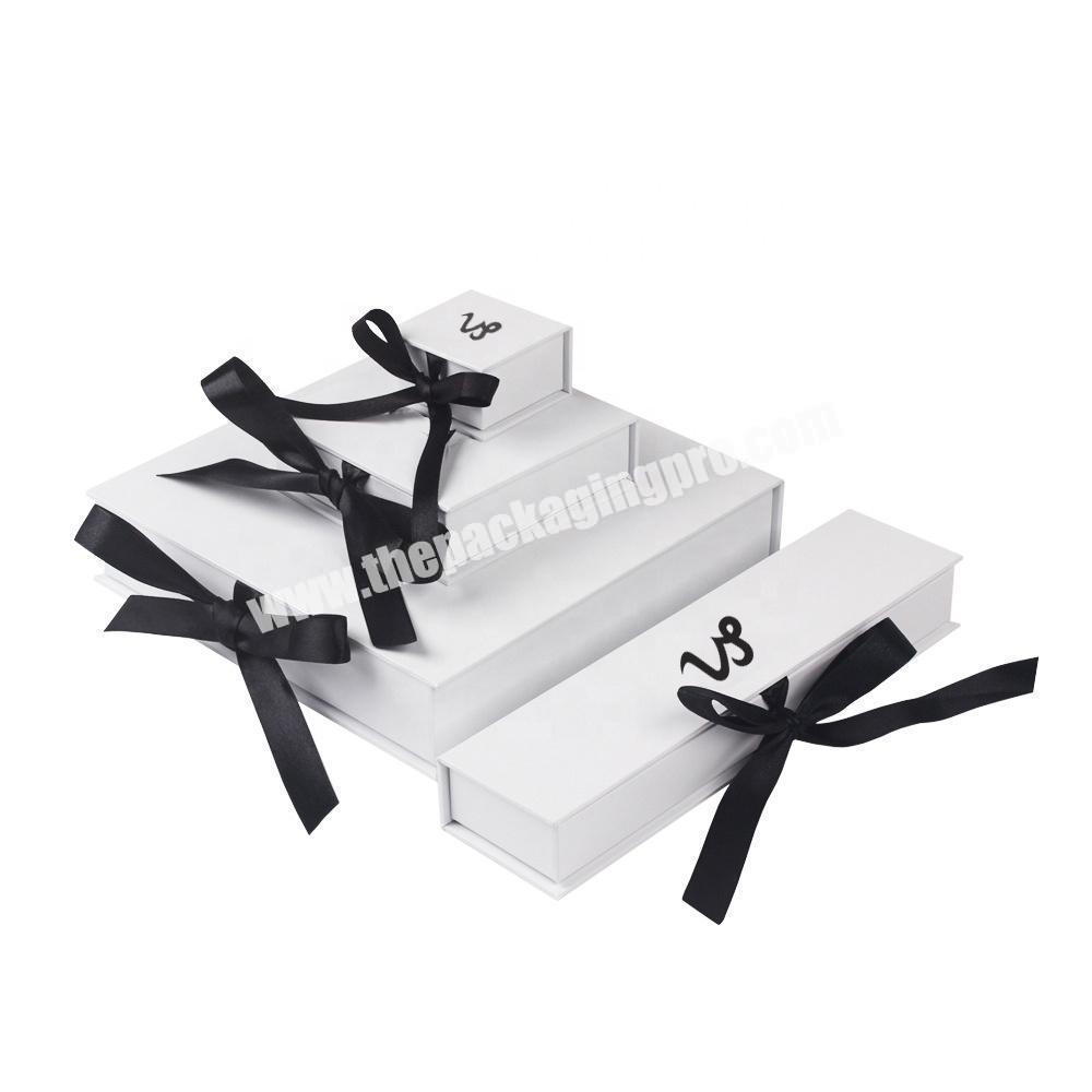 direct factory custom made different size white gift box set with black logo with black ribbon closure