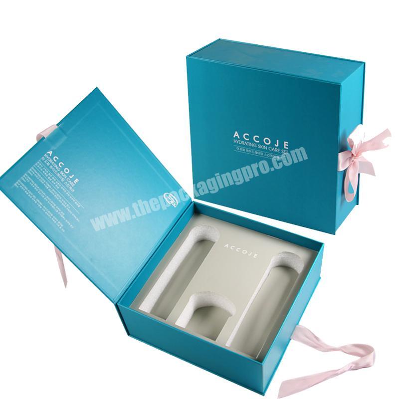 custom empty magnetic lid skincare set boxes for cosmetic gift pack with ribbon closure