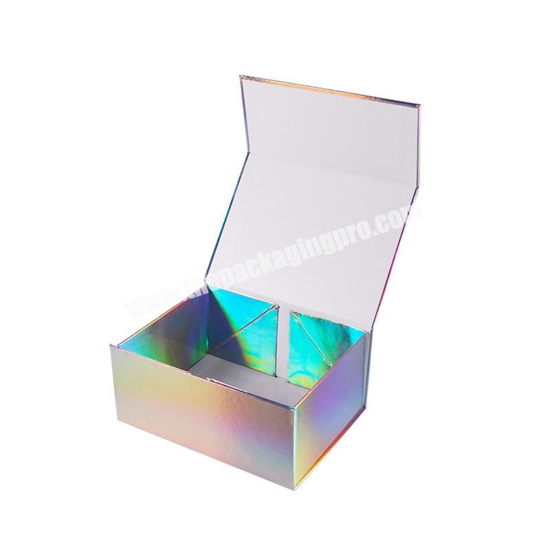 custom holographic foldable flat pack cosmetic clothing hair extension packaging gift box with magnetic lid