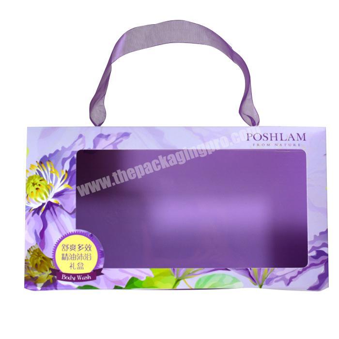 custom logo printing big window paper box for bath oil bottle set body lotion Shampoo packaging with ribbon handles